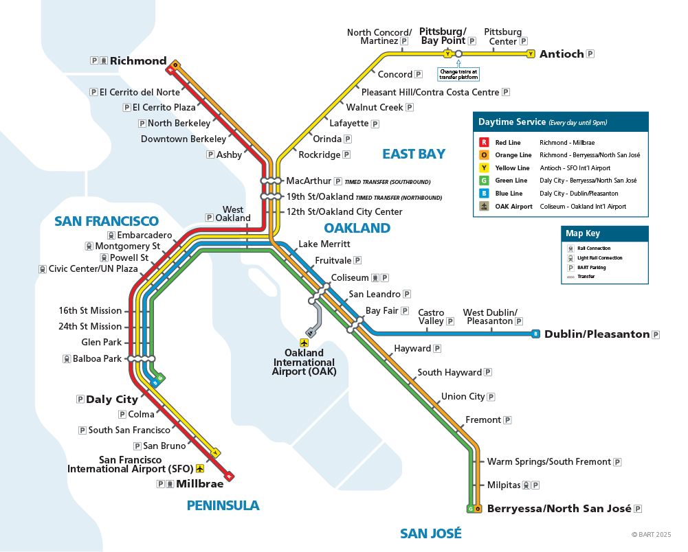 BART system map showing the regional rail lines and stations